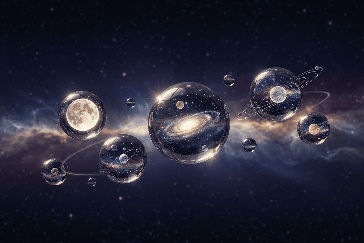 Illustration of planets and nebulae in space with a dark starry background