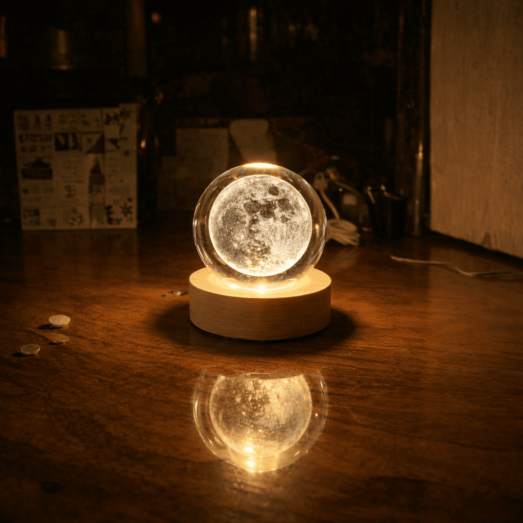 Moon lamp on a wooden surface with a warm glow