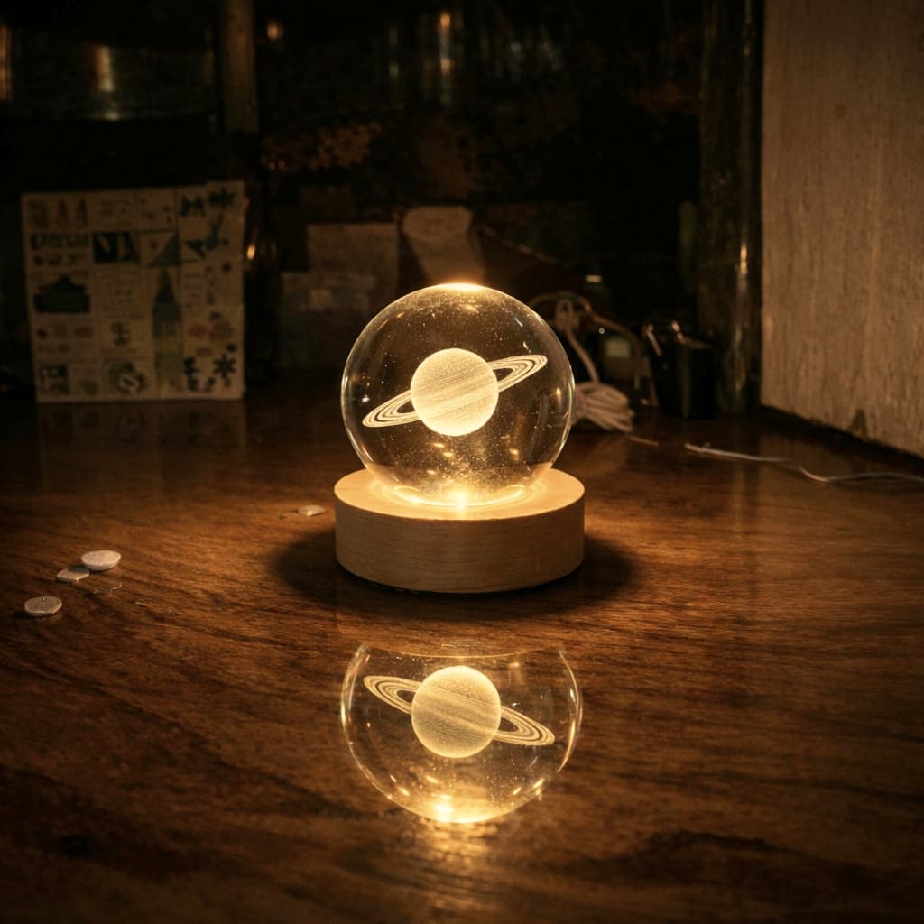 Saturn lamp on a wooden surface with a warm glow