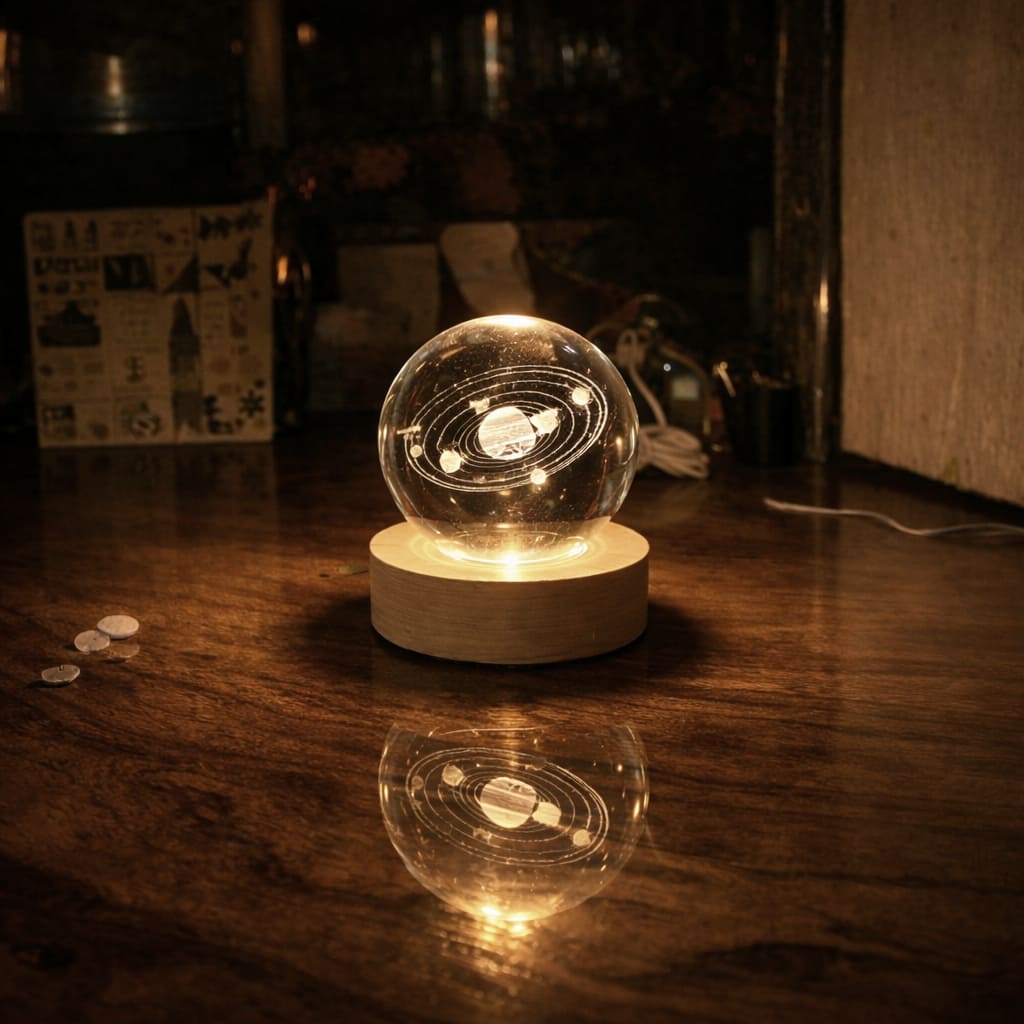 Solar lamp on a wooden surface with a warm glow